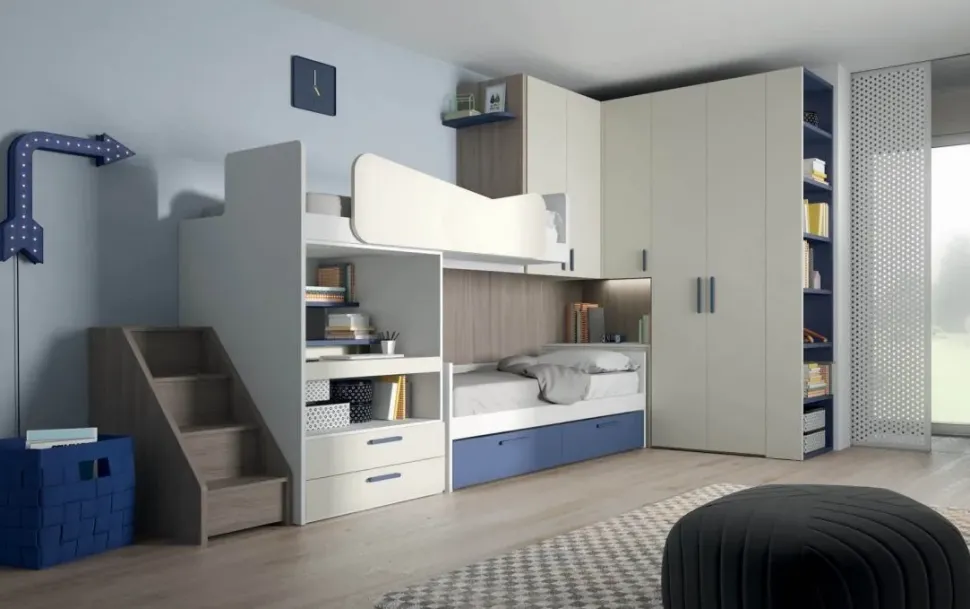 Cameretta Cameretta con letto-soppalco ad angolo scontata del 30% Mistral in laminato materico a prezzo scontato