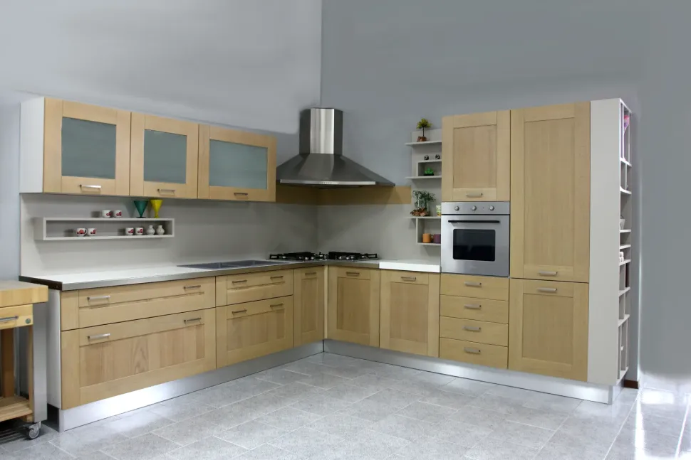 Cucina Artigianale moderna ad angolo rovere chiaro in legno U813 crono 11