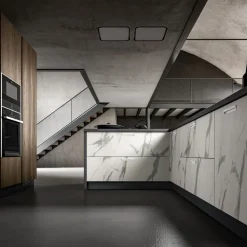 Cucina Essebi design con isola bianca in laminato materico Acc 1