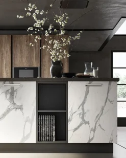 Cucina Essebi design con isola bianca in laminato materico Acc 1