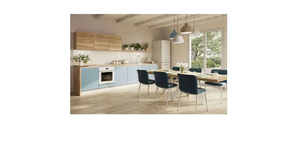 Cucina moderna nordic celeste, effetto legno, scontata 53%. Progettata da un interno.