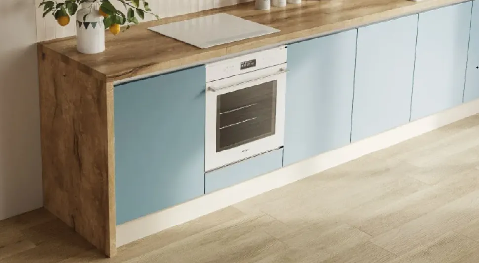 Cucina moderna nordic celeste, effetto legno, scontata 53%. Progettata da un interno.