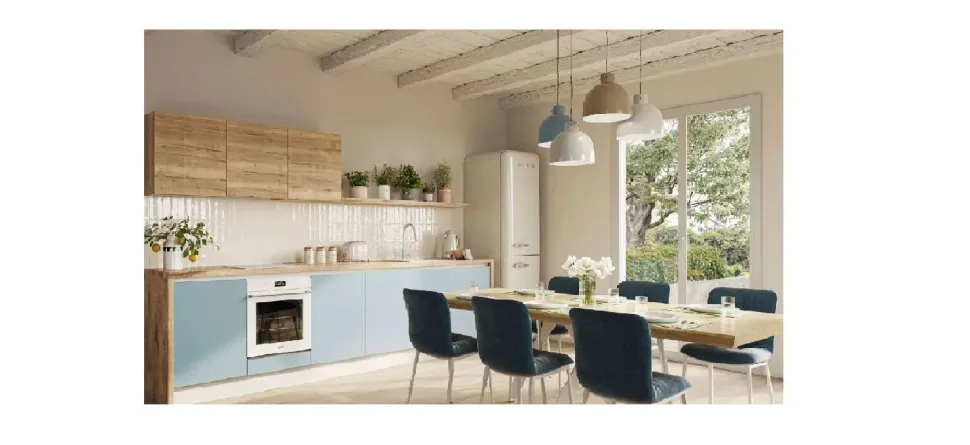 Cucina moderna nordic celeste, effetto legno, scontata 53%. Progettata da un interno.