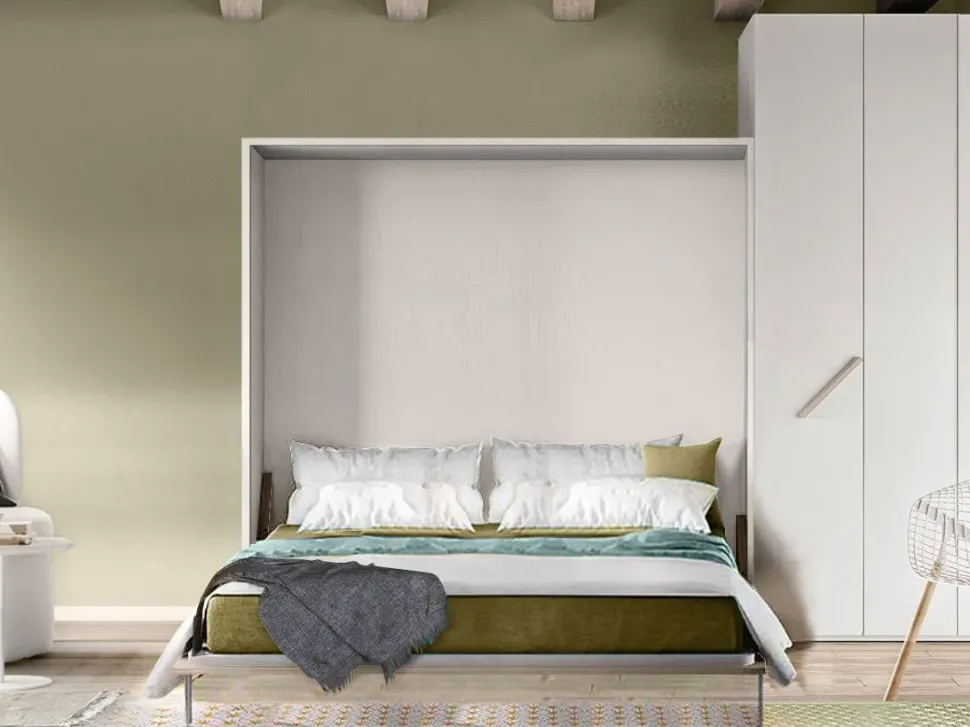 Letto in legno a scomparsa Letto a scomparsa matrimoniale color bianco frassinato, made in italy Artigianale a prezzo ribassato