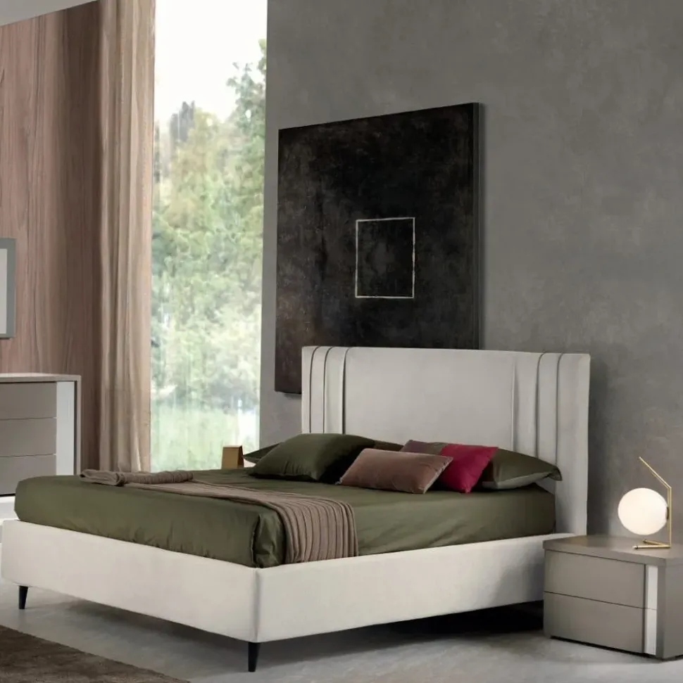 Letto letto matrimoniale mod.oxford rivestito in tessuto colore ecrù completo di box-contenitore in promo-sconto del 40% Gierre mobili SCONTATO a PREZZI OUTLET