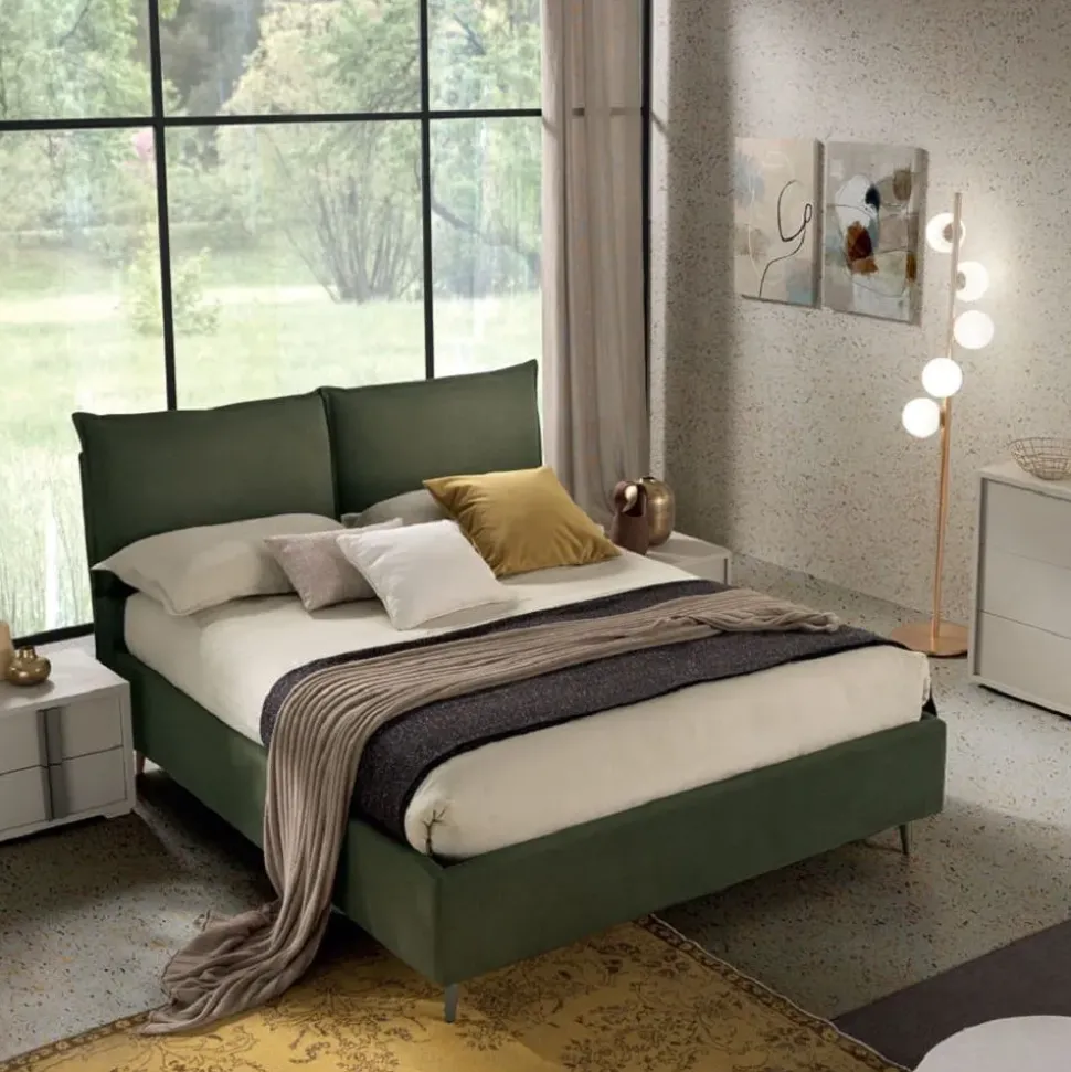 Letto matrimoniale moderno Letto matrimoniale mod.bristol completo di box-contenitore rivestito in tessuto colore verde in promo-sconto del 35% Gierre mobili a prezzo ribassato