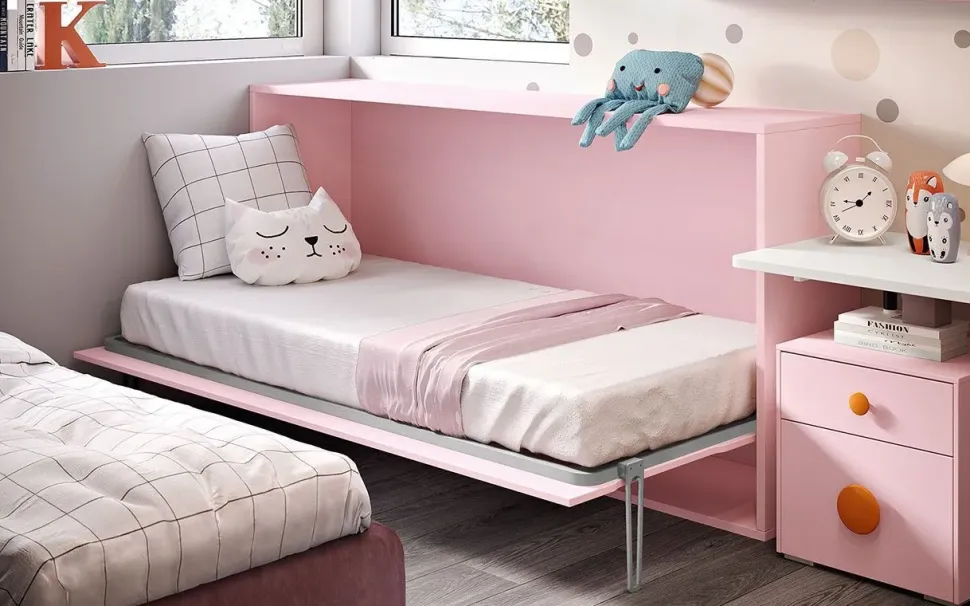 Letto moderno a scomparsa singolo, finitura cipria. Artigianale con sconto del 48%.