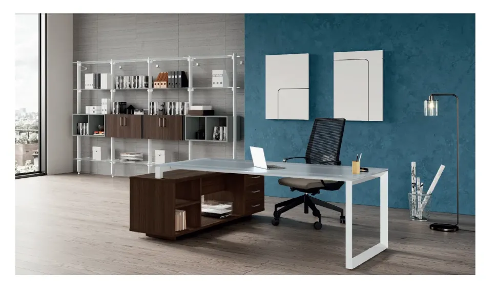 Scrivania direzionale in vetro Postazione ufficio completa stratos plus Flycom a prezzi convenienti