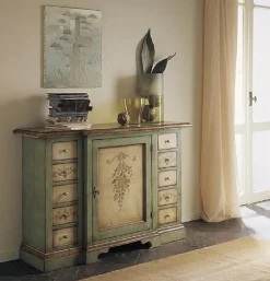 Soggiorno  Credenzina stile veneziano laccata con decori scontato del -30 %