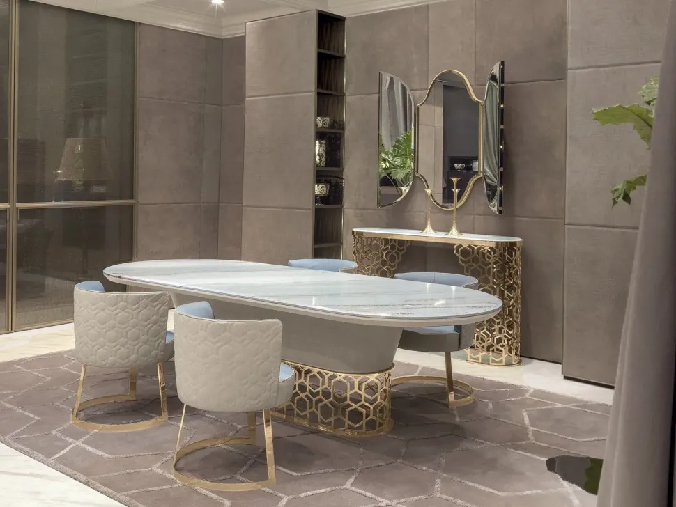 Tavolo in marmo sagomato Piano palissandro struttura nabuk pelle luxury maxi Md work in offerta outlet