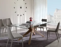 TAVOLO IN VETRO CON BASAMENTO CENTRALE A STELLA