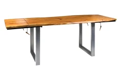 Tavolo industr. in legno e metallo, prolunghe estraibili. Outlet etnico, prezzo ribassato.