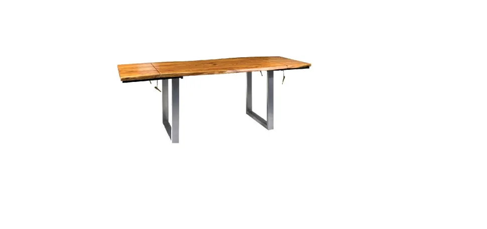 Tavolo industr. in legno e metallo, prolunghe estraibili. Outlet etnico, prezzo ribassato.