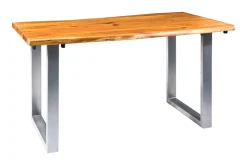 Tavolo industr. in legno e metallo, prolunghe estraibili. Outlet etnico, prezzo ribassato.