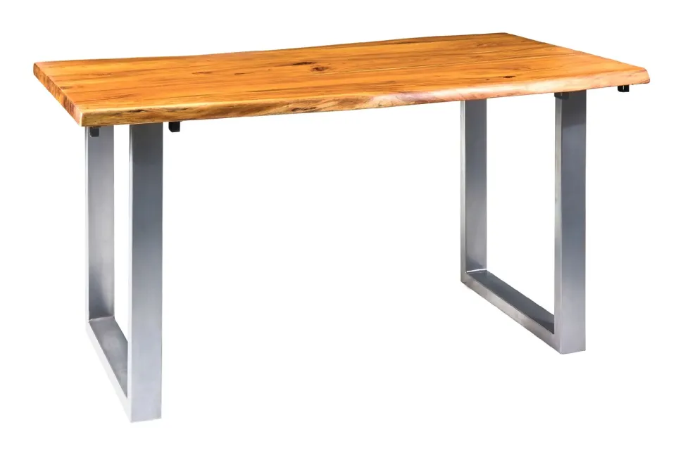 Tavolo industr. in legno e metallo, prolunghe estraibili. Outlet etnico, prezzo ribassato.