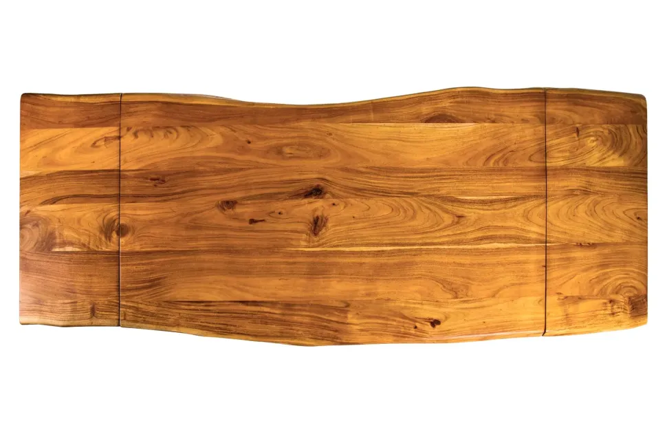 Tavolo industr. in legno e metallo, prolunghe estraibili. Outlet etnico, prezzo ribassato.