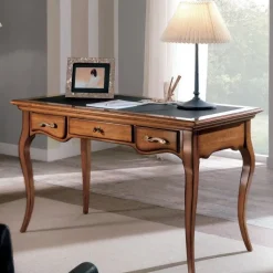 Tavolo Scrivania con piano in ecopelle versione noce in promo-sconto del 50% Artigianale in OFFERTA OUTLET